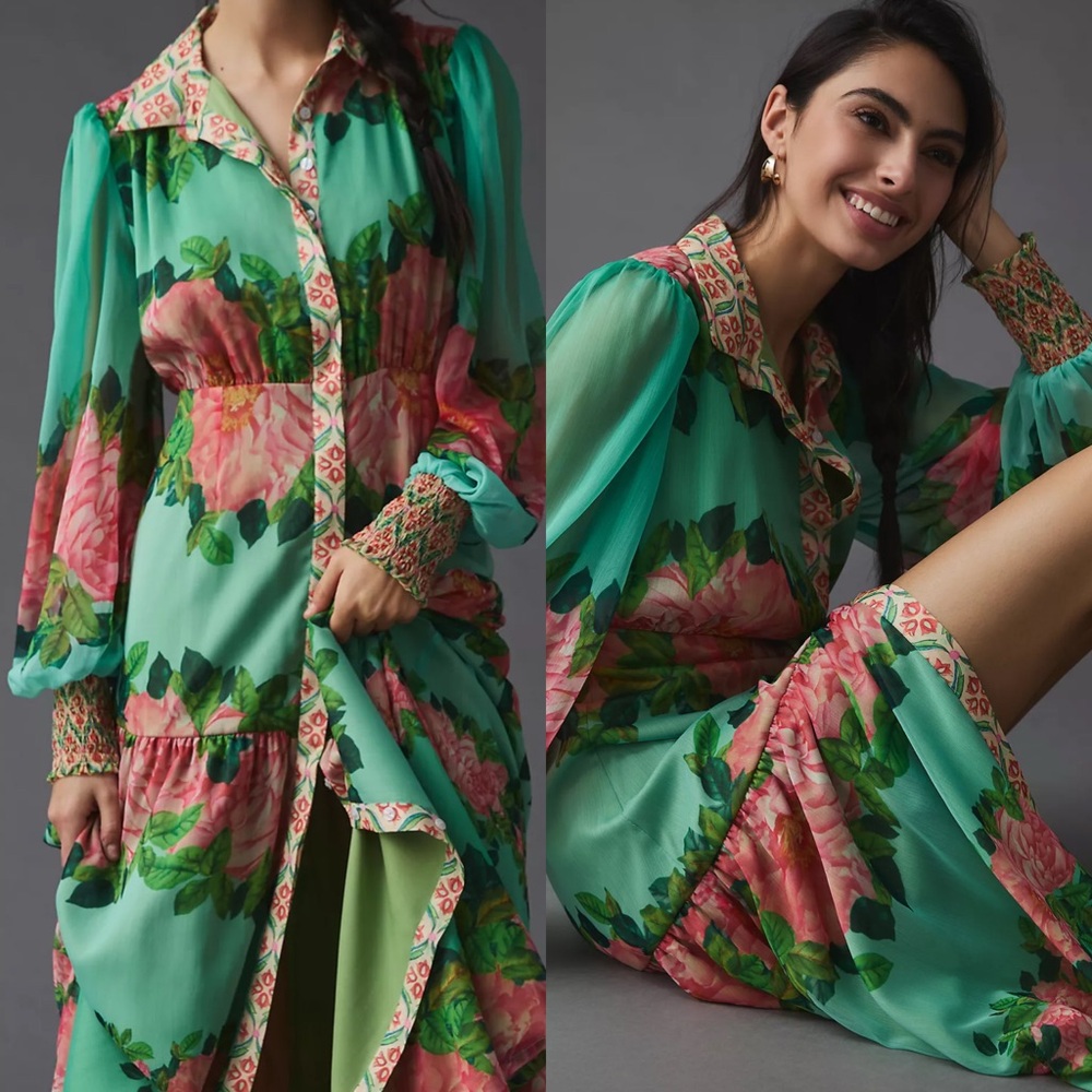 Anthropology Floral Green and Pink Maxi Dress